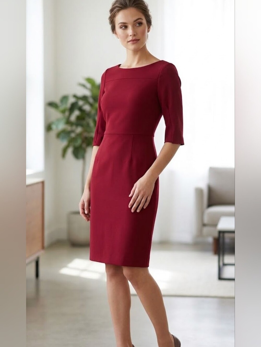 New Badgley Mischka Deep Burgundy Red Midi Sheath Dress Size  8